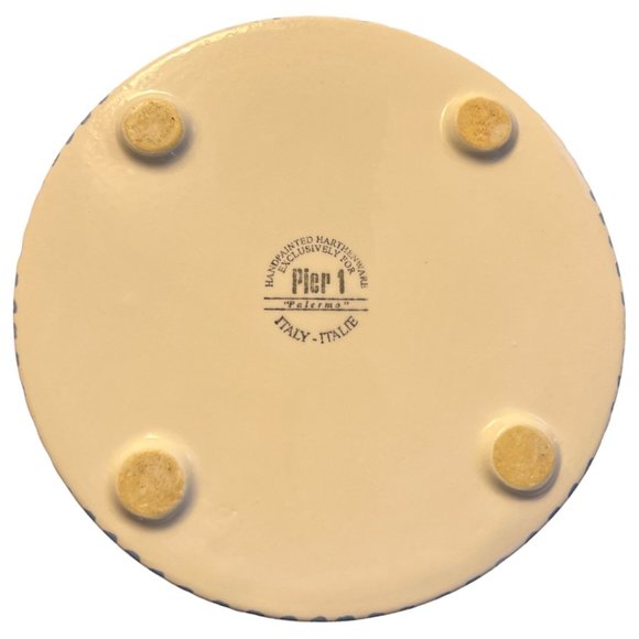 PIER 1 Handpainted TRIVET Round Footed Ceramic Italy Palermo Blue Olive Branch - Picture 5 of 7